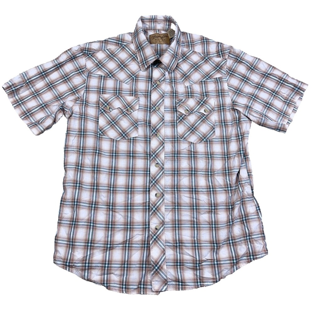 Wrangler Retro Shirt Men Large Brown Plaid Pearl Snap Yoke Cowboy Rodeo Western
